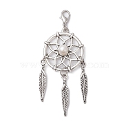 Woven Net/Web with Feather Tibetan Style Alloy Pendant Decoraiton, with Natural Cultured Freshwater Pearl Beads and Alloy Lobster Claw Clasps, Antique Silver, 74mm(HJEW-JM01387-02)