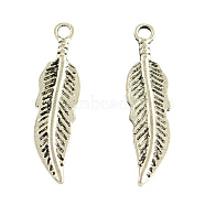 Tibetan Style Alloy Pendants, Feather, Cadmium Free & Nickel Free & Lead Free, Antique Silver, 30x8x1.5mm, Hole: 2mm(X-TIBEP-1397-AS-FF)