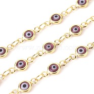 Handmade Evil Eye Lampwork Link Chains, Soldered, with Brass Findings, with Spool, Long-Lasting Plated, Flat Round, Golden, Rosy Brown, 10x4.5x2mm, Hole: 1.5mm, about 32.8 Feet(10m)/roll(CHC-F009-01A-G06)