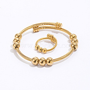 Stainless Steel Twisted Cuff Bangle & Finger Ring Sets, with Bead, for Women, Real 18K Gold Plated, Inner Diameter: 18~60mm(GX8915-1)