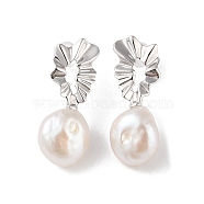 Anti-Tarnish Sterling Silver Stud Earrings, with Natural Pearl, Jewely for Women, 29~29.5x11~11.5mm(EJEW-C087-15C-P)