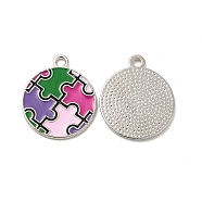 Alloy Enamel Pendants, Flat Round with Autism Puzzle Pattern Charm, Platinum, Colorful, 23x20x1mm, Hole: 2mm(ENAM-J650-02P-02)