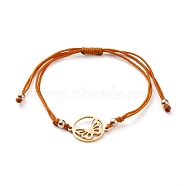 Adjustable Nylon Cord Braided Bead Bracelet, with 201 Stainless Steel Links and Brass Beads, Ring with Butterfly, Golden, Chocolate, Inner Diameter: 3-1/2 inch(9cm)(BJEW-JB05828-02)