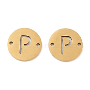 Vacuum Plating 201 Stainless Steel Hollow Flat Round Links, Letter Connector Charms, Real 18K Gold Plated, Letter P, 12x1mm, Hole: 1.2mm(FIND-R149-03P-G)
