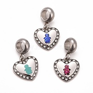 304 Stainless Steel Crystal Rhinestone European Dangle Charms, Large Hole Pendants, with Enamel and Fluorescence Slice, Stainless Steel Color, Heart with Boy, Mixed Color, 22.5mm, Hole: 4.5mm(STAS-F278-04P)