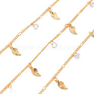 Handmade Brass Curb Chains, with Cubic Zirconia Charms, Soldered, Spool, Leaf, Real 18K Gold Plated, 3.3x1.5x0.3mm and 2x1.4x0.3mm, about 16.4 Feet(5m)/roll(CHC-S012-046)