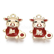 Brass Enamel Charms, Nickel Free, Real 18K Gold Plated, Cattle, Red, 14.5x11.5x4mm, Hole: 1.2mm(KK-N231-140-NF)