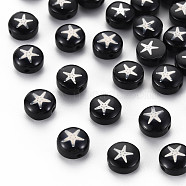 Handmade Lampwork Beads, with Platinum Plated Brass Embellishments, Flat Round with Star, Black, 8x5mm, Hole: 0.8mm(LAMP-N030-001-08)