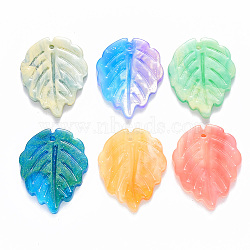 Cellulose Acetate(Resin) Pendants, with Glitter Powder, Leaf, Mixed Color, 23.5x18.5x2.5mm, Hole: 1.2mm(KY-R017-11)
