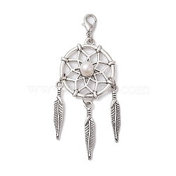 Woven Net/Web with Feather Tibetan Style Alloy Pendant Decoraiton, with Natural Cultured Freshwater Pearl Beads and Alloy Lobster Claw Clasps, Antique Silver, 74mm(HJEW-JM01387-02)