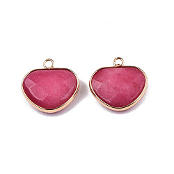 Natural White Jade Pendants, with Light Gold Plated Tone Brass Edge, Dyed & Heated, Faceted Heart Charm, Hot Pink, 22x22x6mm, Hole: 2mm(G-N326-145E)