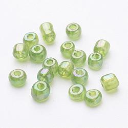 6/0 Transparent Rainbow Colours Round Glass Seed Beads, Green Yellow, Size: about 4mm in diameter, hole:1mm, about 1101pcs/50g(X-SEED-A007-4mm-164)