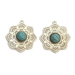 Brass Pave Dyed Synthetic Turquoise Flower Pendants, Golden, Turquoise, 23.5x21.5x4mm, Hole: 1.2mm(KK-Z088-03G-01)