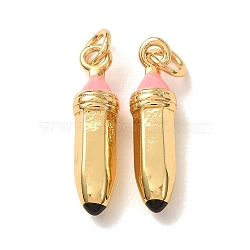 Brass with Pink Enamel Pendants, Pencil Charms, Rack Plating, Long-Lasting Plated, Cadmium Free & Lead Free, Real 18K Gold Plated, 21x4.5x4.5mm, Hole: 3mm(KK-CBA2F11-33G)