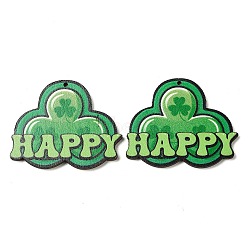 Saint Patrick's Day Single Face Printed Wood Big Pendants, Clover Charms with Word Happy, Green, 41.5x51x2.5mm, Hole: 2mm(WOOD-E016-08)