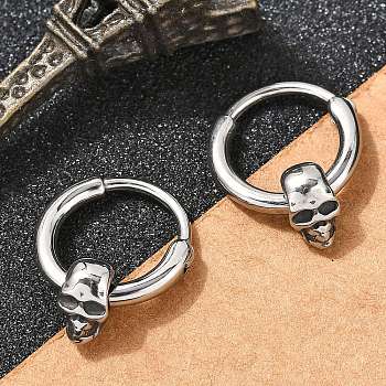 Skull 316 Surgical Stainless Steel Hoop Earrings, Hoop Nose Rings, Antique Silver, 16.5x5mm, Inner Diameter: 7.94~8mm, Pin: 1.15mm(17 Gauge)