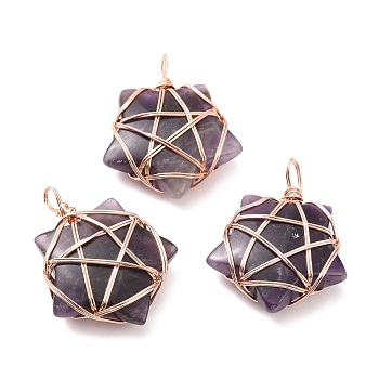 Natural Amethyst Pendants, with Rose Gold Tone Copper Wire Wrapped, Cadmium Free & Lead Free, Star, 37~41x29~31x9~11mm, Hole: 4.5~6mm