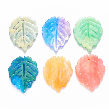 Cellulose Acetate(Resin) Pendants, with Glitter Powder, Leaf, Mixed Color, 23.5x18.5x2.5mm, Hole: 1.2mm