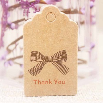 Paper Gift Tags, Hange Tags, For Arts and Crafts, For Thanksgiving, Rectangle with Bowknot and Word Thank You, BurlyWood, 50x30x0.4mm, Hole: 5mm