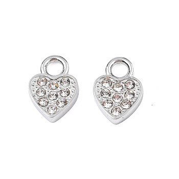 304 Stainless Steel Charms, with Crystal Rhinestone, Heart, Stainless Steel Color, 10.5x7x2mm, Hole: 2mm