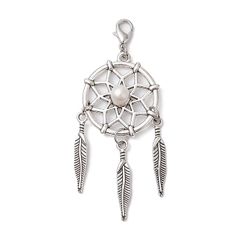 Woven Net/Web with Feather Tibetan Style Alloy Pendant Decoraiton, with Natural Cultured Freshwater Pearl Beads and Alloy Lobster Claw Clasps, Antique Silver, 74mm