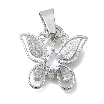 304 Stainless Steel Pendants, with Crystal Rhinestone, Butterfly Charm, Stainless Steel Color, 17x18x5.5mm, Hole: 7.5x3.5mm