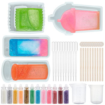 Olycraft DIY Quicksand Silicone Molds Kits, Shaker Molds, Include Birch Wooden Craft Ice Cream Sticks and Plastic Transfer Pipettes, Latex Finger Cots, Plastic Measuring Cup, Glass Nail Art Glitter Sequins, White, 78x47x14.5mm, Inner Diameter: 43x74mm, 1pc