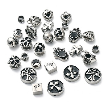 304 Stainless Steel Beads & Pendants, Mixed Shapes, Antique Silver & Stainless Steel Color, 7~19x7~17.5x4.5~11mm, Hole: 1.5~5mm