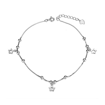 SHEGRACE Rhodium Plated 925 Sterling Silver Anklet, Stars and Small Beads, Platinum, 210mm
