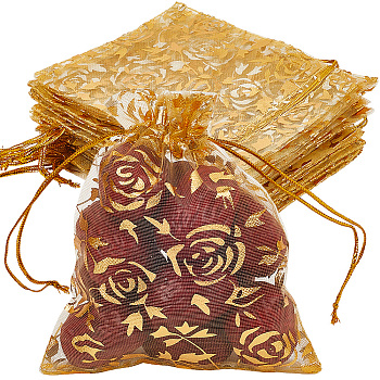 100Pcs Rose Printed Organza Bags, Wedding Favour Bags, Gift Bags, Rectangle, Goldenrod, 12x10cm