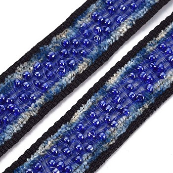 Nylon Ribbon, with Glass Seed Beads, Dark Blue, 3/4 inch(19~20mm)