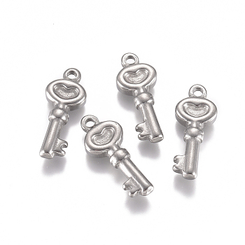 304 Stainless Steel Pendants, Heart Key, Stainless Steel Color, 20x8x3.5mm, Hole: 1.8mm