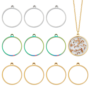 12Pcs 3 Styles 304 Stainless Steel Open Back Bezel Flat Round Pendants, For DIY UV Resin, Epoxy Resin, Pressed Flower Jewelry, Mixed Color, 27.5~28x24.5~25x3mm, Hole: 1.6~2.2mm, Inner Diameter: 22.8~23mm, 4pcs/style
