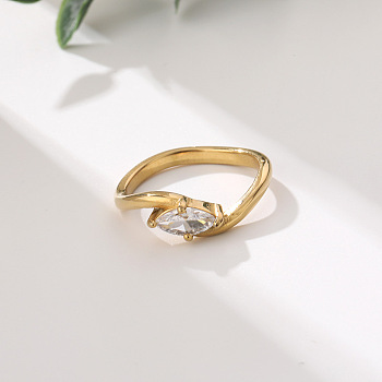 304 Stainless Steel & Cubic Zirconia Finger Rings for Women, Horse Eye, Golden, US Size 7(17.3mm)