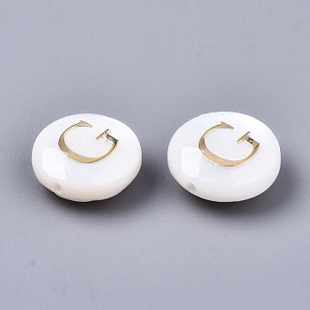 Natural Freshwater Shell Beads, with Golden Plated Brass Etched Metal Embellishments, Flat Round, Seashell Color, Letter.G, 8x3~5mm, Hole: 0.5~07mm