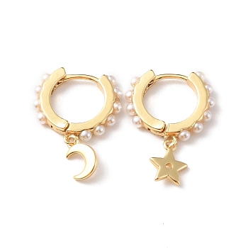 Moon & Star Plastic Imitation Pearls Dangle Hoop Earrings, Rack Plating Brass Asymmetrical Earrings for Women, Long-Lasting Plated, Lead Free & Cadmium Free, Real 18K Gold Plated, 23mm, Pin: 1mm