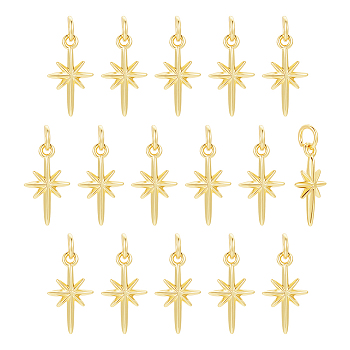 16Pcs Brass Pendants, with Jump Rings, Star, Real 18K Gold Plated, 17x9.7x2.5mm, Hole: 3.4mm