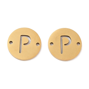 Vacuum Plating 201 Stainless Steel Hollow Flat Round Links, Letter Connector Charms, Real 18K Gold Plated, Letter P, 12x1mm, Hole: 1.2mm