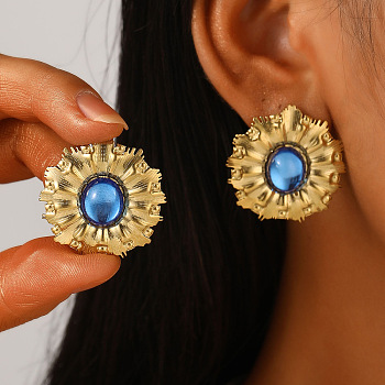 304 Stainless Steel Enamel Stud Earrings, Golden, Flower, 30mm