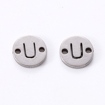 201 Stainless Steel Links, Laser Cut, Flat Round with Letter, Letter.U, 6x6x1mm, Hole: 0.8mm