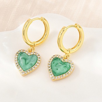 Brass Micro Pave Cubic Zirconia Hoop Dangle Earrings, Heart, with Enamel, Lead Free & Cadmium Free, Rack Plating, Long-Lasting Plated, Real 18K Gold Plated, Sea Green, 28x12mm