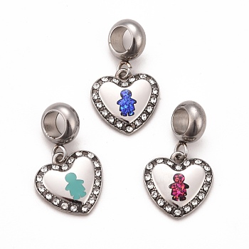 304 Stainless Steel Crystal Rhinestone European Dangle Charms, Large Hole Pendants, with Enamel and Fluorescence Slice, Stainless Steel Color, Heart with Boy, Mixed Color, 22.5mm, Hole: 4.5mm
