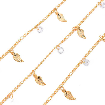 Handmade Brass Curb Chains, with Cubic Zirconia Charms, Soldered, Spool, Leaf, Real 18K Gold Plated, 3.3x1.5x0.3mm and 2x1.4x0.3mm, about 16.4 Feet(5m)/roll