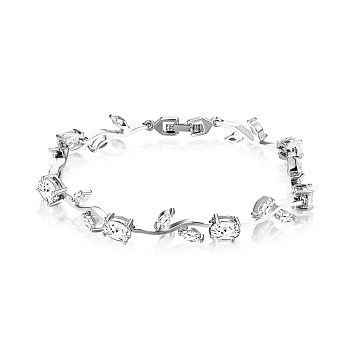 Brass Micro Pave Cubic Zirconia Chain Bracelets, Oval with Horse Eye, Clear, Platinum, Inner Diameter: 2-7/8 inch(7.2cm)