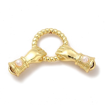 Rack Plating Brass with White Plastic Connector Charms, Cadmium Free & Lead Free, Hand with Ring Links, Real 18K Gold Plated, 31x20.5x7mm, Hole: 3.3mm
