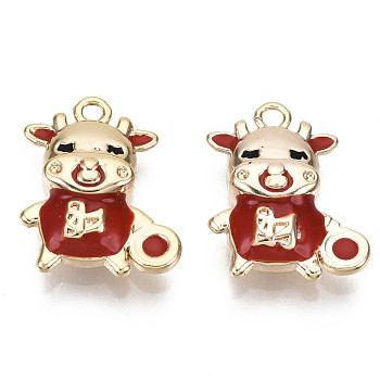 Brass Enamel Charms, Nickel Free, Real 18K Gold Plated, Cattle, Red, 14.5x11.5x4mm, Hole: 1.2mm