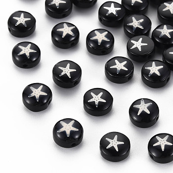 Handmade Lampwork Beads, with Platinum Plated Brass Embellishments, Flat Round with Star, Black, 8x5mm, Hole: 0.8mm