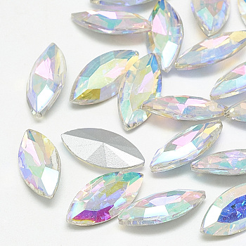 Pointed Back Glass Rhinestone Cabochons, Back Plated, Faceted, Horse Eye, Crystal AB, 10x5x3mm