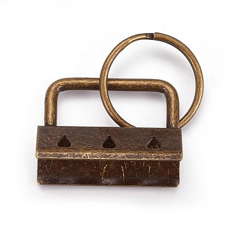 Electroplate Iron Split Key Rings, Keychain Clasp Findings, with Ribbon Ends, Antique Bronze, Ring: 24x2.5mm, End: 24x32.5x14mm
