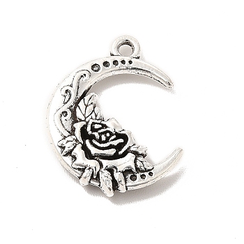 Tibetan Style Alloy Pendants, Moon with Flower, Antique Silver, 20x15x3.5mm, Hole: 1.5mm